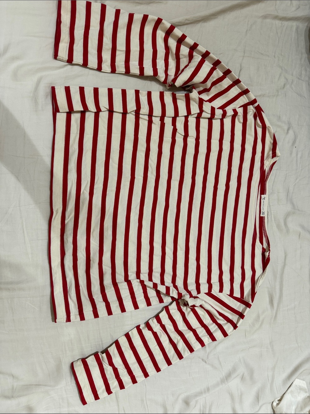Red and white striped three quarter length sleeve